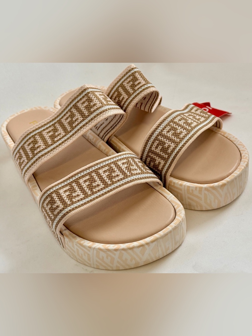 Fendi Baguette Platform Collection Canvas Platform Slide Sandal Pink Nude NWT 38